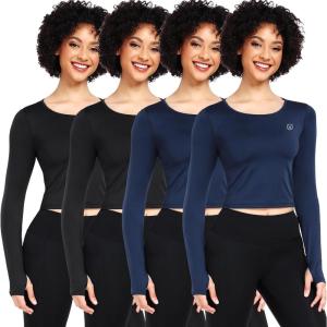 image:imageNELEUS 4 Pack Womens Long Sleeve Crop Tops  Tight Slim Fit Cute with Thumbhole208 Black 2pcs  Navy Blue 2pcs