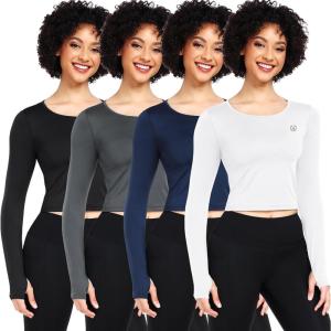 image:imageNELEUS 4 Pack Womens Long Sleeve Crop Tops  Tight Slim Fit Cute with Thumbhole208 Black grey navy Blue white