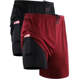 image:imageNELEUS Mens 2 in 1 Running Shorts with LinerDry Fit Workout Shorts with Pockets6070 BlackRed 2 Pack
