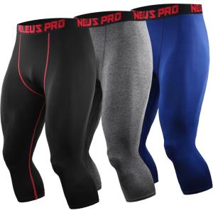image:imageNELEUS Mens Dry Fit Compression Pants Workout Running LeggingsCapris Black Red StripeGreyBlue 3 Pack