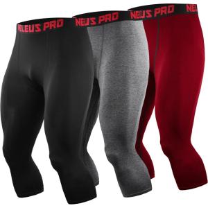 image:imageNELEUS Mens Dry Fit Compression Pants Workout Running LeggingsCapris BlackGreyRed 3 Pack