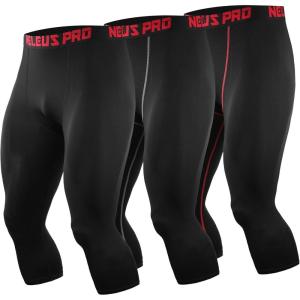 image:imageNELEUS Mens Dry Fit Compression Pants Workout Running LeggingsCapris BlackRed StripeGrey Stripe 3 Pack