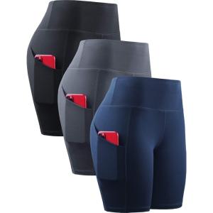 image:imageNELEUS Womens 3 Pack Athletic Shorts for Biker Running Workout with Pocket1010 BlackGreyNavy Blue 3 Pack