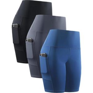 image:imageNELEUS Womens 8 Biker Shorts High Waist Tummy Control Workout Running Shorts for Gym Yoga9044 BlackGreyBlue 3 Pack