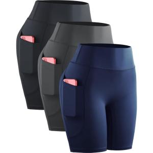 image:imageNELEUS Womens 8 Biker Shorts High Waist Tummy Control Workout Running Shorts for Gym Yoga9119 BlackGreyDark Navy 3 Pack