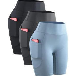image:imageNELEUS Womens 8 Biker Shorts High Waist Tummy Control Workout Running Shorts for Gym Yoga9119 BlackGreyLight Blue 3 Pack