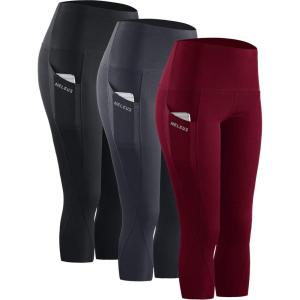 image:imageNELEUS Womens Tummy Control High Waist Capri Running Leggings Yoga Pants with Pocket9027 BlackGreyBurgundy 3 Pack