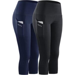 image:imageNELEUS Womens Tummy Control High Waist Capri Running Leggings Yoga Pants with Pocket9027 BlackNavy Blue 2 Pack