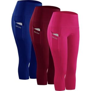 image:imageNELEUS Womens Tummy Control High Waist Capri Running Leggings Yoga Pants with Pocket9027 BurgundyBlueRose Red 3 Pack
