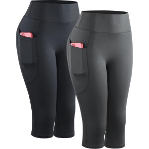 image:imageNELEUS Womens Tummy Control High Waist Capri Running Leggings Yoga Pants with Pocket9120 BlackGrey 2 Pack
