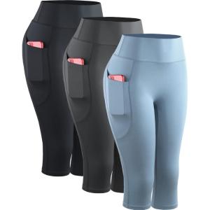 image:imageNELEUS Womens Tummy Control High Waist Capri Running Leggings Yoga Pants with Pocket9120 BlackGreyLight Blue 3 Pack