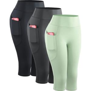 image:imageNELEUS Womens Tummy Control High Waist Capri Running Leggings Yoga Pants with Pocket9120 BlackGreyLight Green 3 Pack