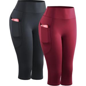 image:imageNELEUS Womens Tummy Control High Waist Capri Running Leggings Yoga Pants with Pocket9120 BlackRed 2 Pack