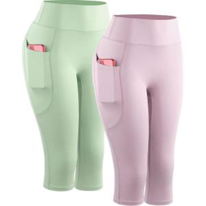 image:imageNELEUS Womens Tummy Control High Waist Capri Running Leggings Yoga Pants with Pocket9120 PinkLight Green 2 Pack