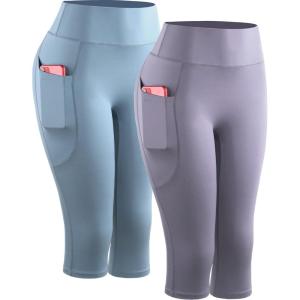 image:imageNELEUS Womens Tummy Control High Waist Capri Running Leggings Yoga Pants with Pocket9120 PurpleLight Blue 2 Pack