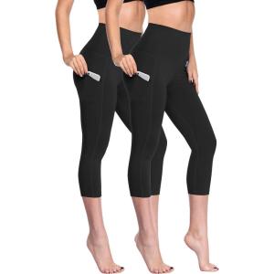 image:imageNELEUS Womens Tummy Control High Waist Capri Running Leggings Yoga Pants with PocketZ109 BlackBlack 2 Pack