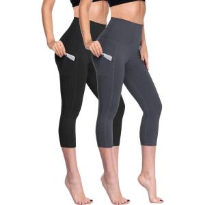 image:imageNELEUS Womens Tummy Control High Waist Capri Running Leggings Yoga Pants with PocketZ109 BlackGrey 2 Pack