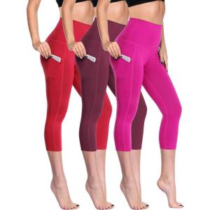 image:imageNELEUS Womens Tummy Control High Waist Capri Running Leggings Yoga Pants with PocketZ109 RedBurgundyRose Red 3 Pack