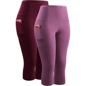 image:imageNELEUS Womens Yoga Running Capris Tummy Control High Waist Workout Pants9042 PinkRed 2 Pack