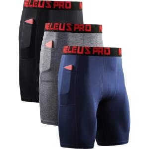image:imageNELEUS Mens 3 Pack Running Compression Shorts with Pockets6064 BlackGreyNavy Blue 3 Pack