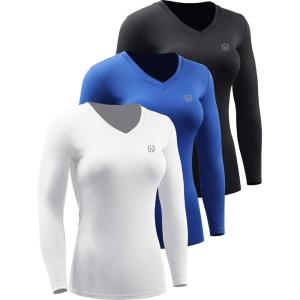 image:imageNELEUS Womens 3 Pack Compression Shirts Long Sleeve Yoga Athletic Running T ShirtVneck BlackBlueWhite 3 Pack