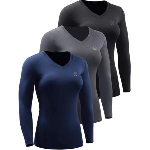 image:imageNELEUS Womens 3 Pack Compression Shirts Long Sleeve Yoga Athletic Running T ShirtVneck BlackGreyNavy Blue 3 Pack