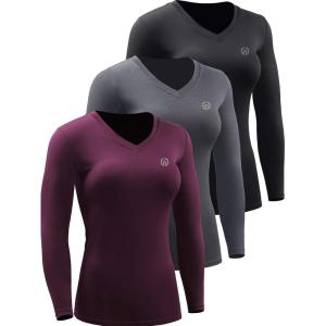 image:imageNELEUS Womens 3 Pack Compression Shirts Long Sleeve Yoga Athletic Running T ShirtVneck BlackGreyRed 3 Pack