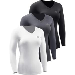 image:imageNELEUS Womens 3 Pack Compression Shirts Long Sleeve Yoga Athletic Running T ShirtVneck BlackGreyWhite 3 Pack