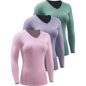 image:imageNELEUS Womens 3 Pack Compression Shirts Long Sleeve Yoga Athletic Running T ShirtVneck PinkPurpleBlackish Green 3 Pack