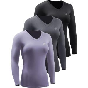 image:imageNELEUS Womens 3 Pack Compression Shirts Long Sleeve Yoga Athletic Running T ShirtVneck PurpleBlackGrey 3 Pack