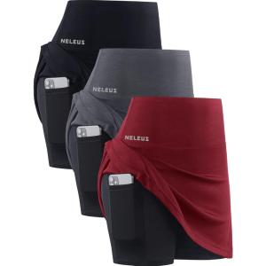 image:imageNELEUS Womens 2 in 1 Tennis Skirts with Pockets Athletic Running ShortsSkirts BlackGreyRed 3 Pack