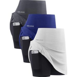 image:imageNELEUS Womens 2 in 1 Tennis Skirts with Pockets Athletic Running ShortsSkirts WhiteGreyBlue 3 Pack