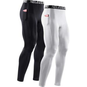 image:imageNELEUS Mens Dry Fit Compression Baselayer Pants Running Tights Leggings with Phone Pocket6069 BlackWhite 2 Pack
